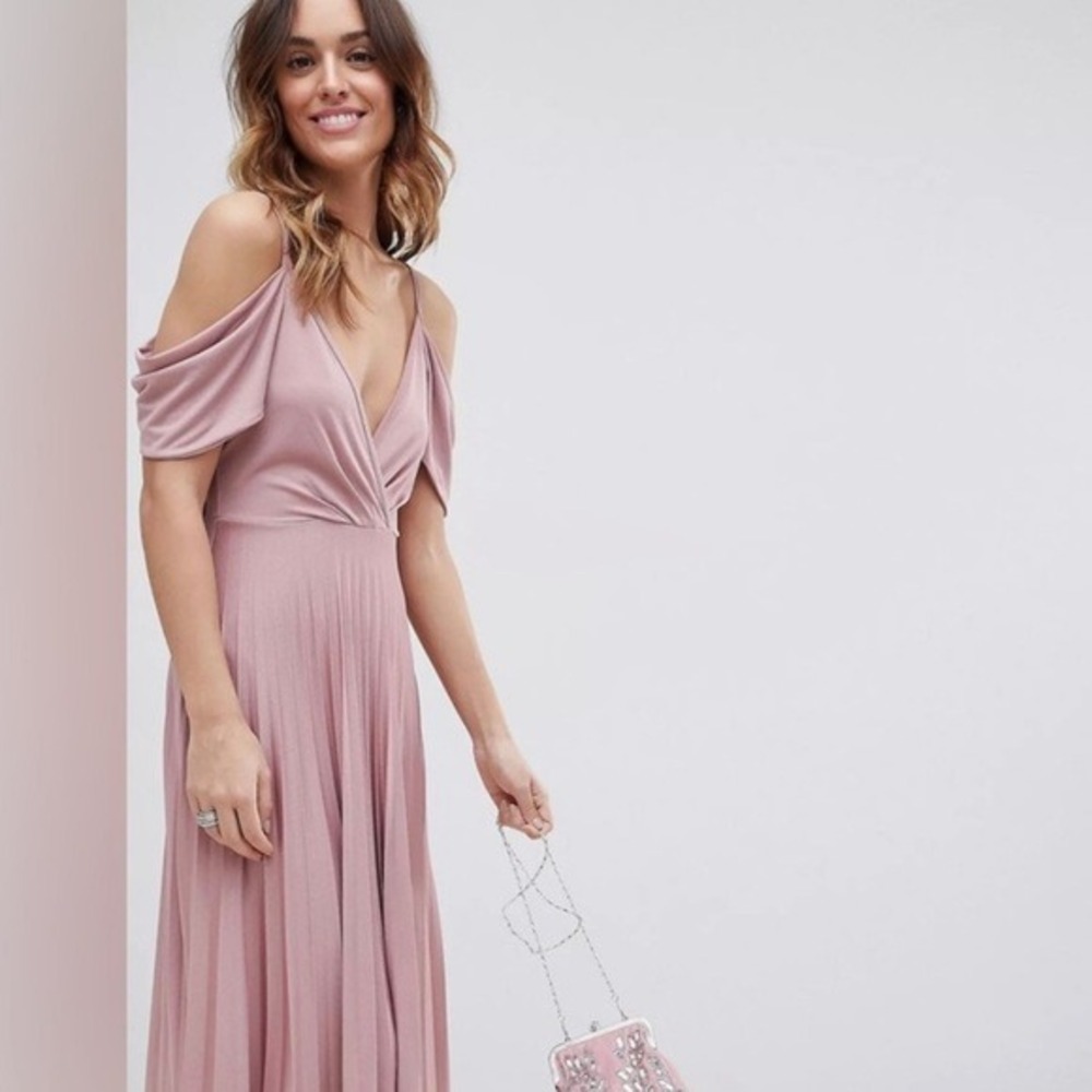 ASOS Design Cold Shoulder Pleated Maxi Dress Dusty Rose Pink US 14